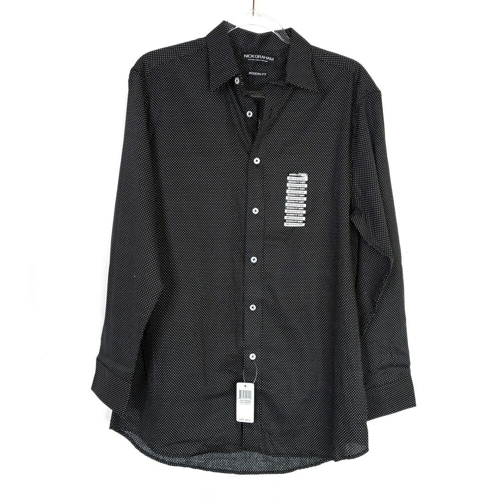 Nick Graham Modern Fit Shirt Black Pindot Button Up Shirt NWT Mens Large